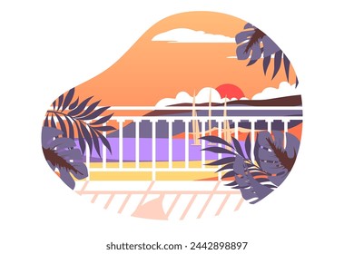 Tropical Sunset Serenity, vector illustration. Showcases a tranquil sunset with palm silhouettes.