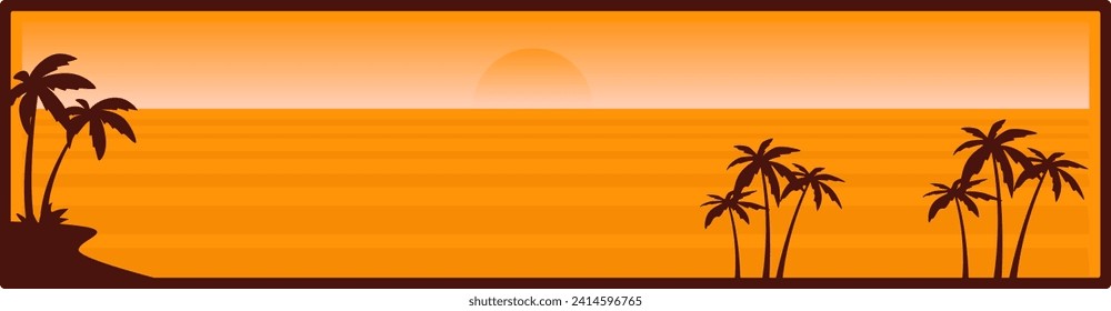 Atardecer tropical con palmeras de silueta contra el océano. El paisaje de la playa es muy tranquilo. Relajación, vacaciones exóticas, ilustración vectorial de fondo natural.