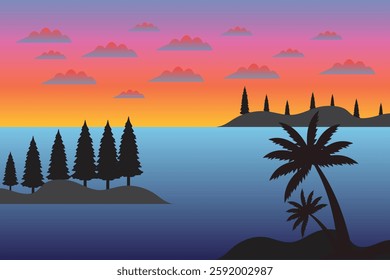 Tropical sunset with silhouetted Trees and a Serene sea