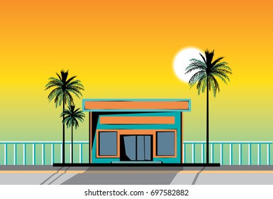 tropical sunset sky over  the store  on the seafront vector illustration
palm trees, bright sun and shadows on the ground