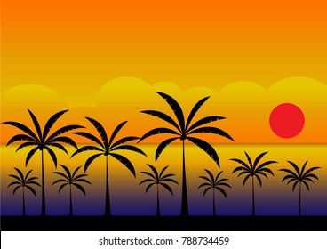 Tropical sunset. Summer sunset - Illustration,Desert, Season, Summer, Sunset, Backgrounds,Palm Tree, Tropical Climate, Coconut Palm Tree, Computer