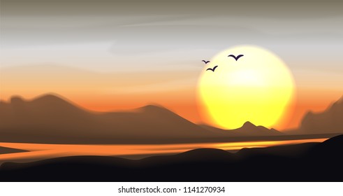 Tropical sunset and sundown vector landscape. Mountain panorama with river, palm and hills. Calm vector mountain savanna valley illustration, bright sun and tropic trees. Mountain valley landscape