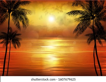 A Tropical Sunset or Sunrise with Palm Trees