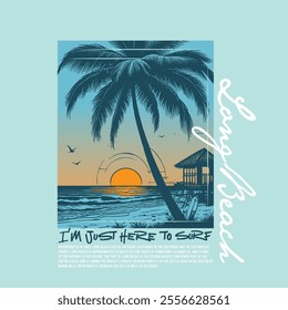 Tropical sunset. Surf and beach. Classic beach print. Tee graphic design