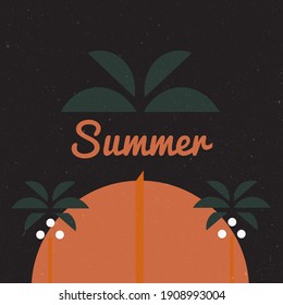 Tropical sunset. Surf and beach. Vintage beach print. Tee graphic design. Vector illustration.