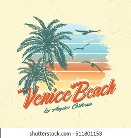 Tropical Sunset. Surf And Beach. Vintage Beach Print. Tee Graphic Design