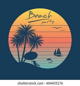 tropical sunset. surf and beach. vintage beach print. graphic design vector illustration.