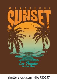 Tropical sunset. Surf and beach. Vintage beach print. Tee graphic design