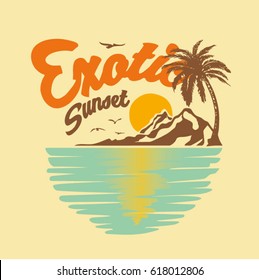 Tropical sunset. Surf and beach. Vintage beach print. Tee graphic design