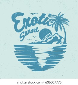 Tropischer Sonnenuntergang. Surfen und Strand. Vintage Stranddruck. Grafikdesign