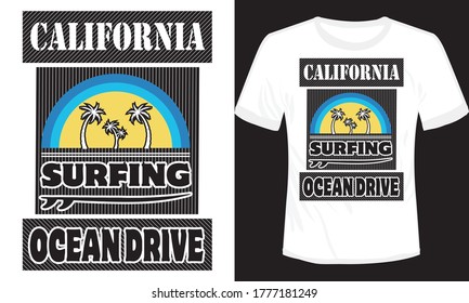 tropical sunset with surfing vector vintage t-shirt illustration, California beach t-shirt design