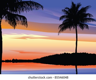 Tropical Sunset Two palm trees at sunset, with copy space. EPS 8 vector with no open shapes, strokes or gradients.