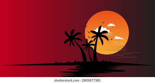 Tropical sunset vector background with palm tree silhouettes, giant orange sun with clouds and birds on dark red backdrop, summer beach island resort banner design template