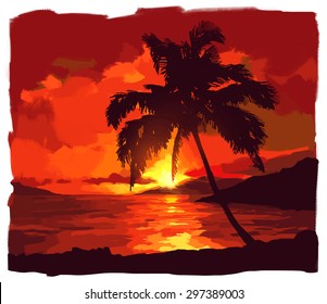 Tropical sunset vector illustration with palm and see