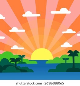 Tropical sunset vector with vibrant sun rays and palm trees, perfect for travel, vacation, and nature themes