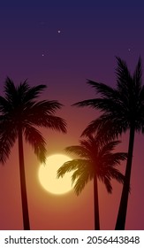 Tropical sunset view with palm trees in silhouette