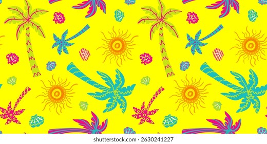 tropical sunshine seamless pattern vibrant summer beach vibe, hand-drawn palm trees, suns, shells, holiday repeat background, bright joyful print