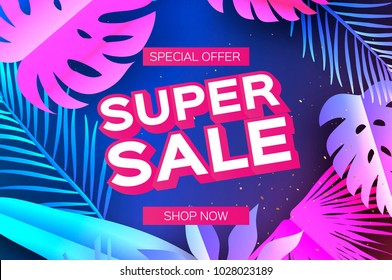 Tropical Super Sale Banne. Palm leaves, plants. Exotic Paper cut art. Hawaiian. Text. Origami Monstera jungle floral background. Special offer. Poster, Flyer, voucher discount