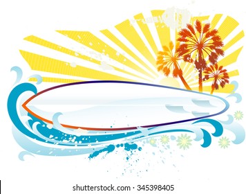 Tropical Surf Board-Vector illustration of Colorful grunge style summer background with surf board as your text space