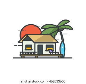 Tropical surf Bungalow. Vector outline flat illustration.