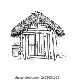 Tropical surf hut with thatched roof and wooden surfboards outside