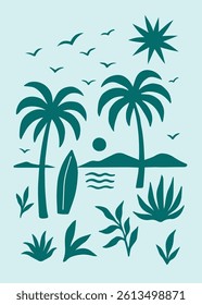 Tropical Surf Scene – Artistic Beach Vector with Palm Trees, Waves, and Surfboard for Cricut and Summer Decor