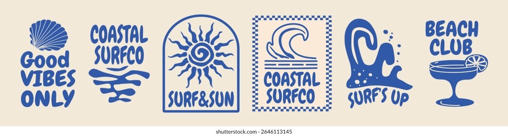 Tropical surf vector set with beach-themed phrases like Coastal Surfco, Surf and Sun, Beach Club, and Good Vibes Only. Bold summer graphics for t-shirt prints, posters, stickers, and branding.