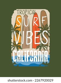 Tropical Surf Vibes California Summer Surfboard illustrations vector design for t shirt print and poster