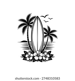 Tropical surfboard design featuring palm trees flowers and flying birds
