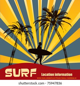 Tropical Surfer, Vector Background Illustration with Palm Trees