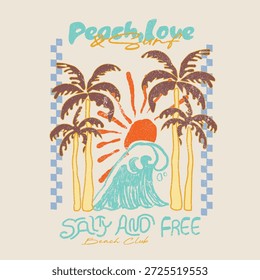 Gráfico de playa de surf tropical en Vector. Vector de verano. eslogan de melocotón, amor y surf. puesta de sol de palmera bajo las olas. diseño de camiseta para niña. fuente hecha a mano. diseño de camiseta vintage