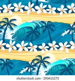 Tropical surfing with palm trees seamless pattern.