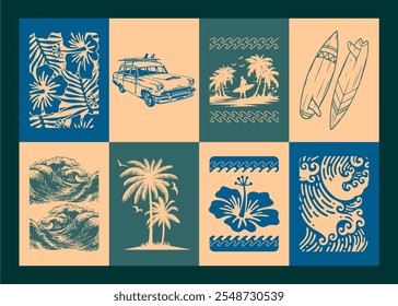 Ilustrações de vetor relacionadas ao surfe tropical. Arte para camisetas, banners, cartazes e fundos