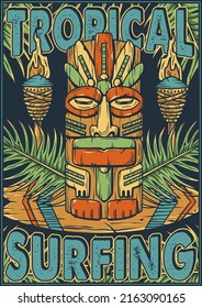 Tropical surfing summer poster. Tiki mask on surf boatd with tropical leaves print