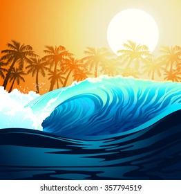 Tropical surfing wave at sunrise with palm trees .