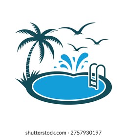 Tropical swimming pool with palm tree and seagulls summer vacation