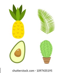 tropical symbols or stickers for girls. pineapple and leaves, avocado cactus. summer holidays and vacation