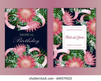 Tropical template with flowers, leaves and ribbons. Tropic romantic floral mock up for postcards, wedding invitations, templates, greeting cards.