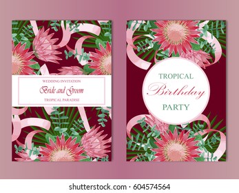 Tropical template with flowers, leaves and ribbons. Tropic romantic floral mock up for postcards, wedding invitations, templates, greeting cards.