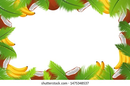 Tropical template of a frame for a banner with palm leaves and coconuts and bananas.Poster whole and broken nut.Vector flat illustration.