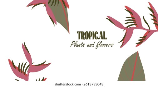 Tropical template with Heliconia and jungle leaves around the corners and and space for text. Botanical frame concept for web banners, event invites, seasonal campaigns and promo. Vector illustration