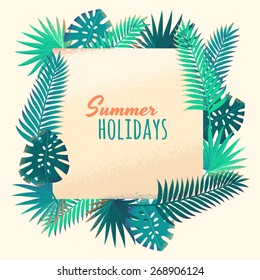 Tropical template with palm leaves frame. Retro vector illustration. Place for your text