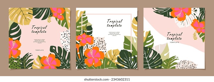 Tropical template set for poster, card, cover, label, banner in modern minimalist style and simple summer design templates with tropical leaves, flower, and plants.