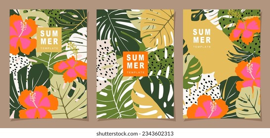 Tropical template set for poster, card, cover, label, banner in modern minimalist style and simple summer design templates with tropical leaves, flower, and plants.