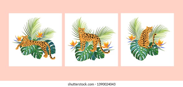 Tropical templates with leopards. Vector illustrations. Can be used for banner, poster, card, postcard and printable.