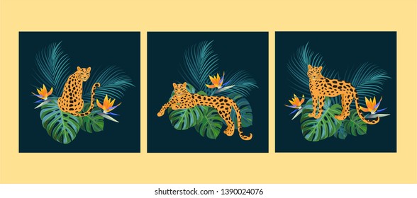 Tropical templates with leopards. Vector illustrations. Can be used for banner, poster, card, postcard and printable.