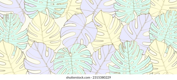 Tropical tender background with monstera leaves in marshmallow shades. Abstract botanical background for decor, covers, wallpapers, cards and presentations