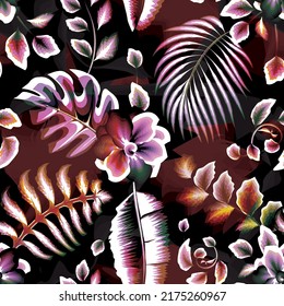 tropical texture background seamless pattern with colorful banana monstera leaves and plants foliage on dark abstract. rainforest illustration. jungle wallpaper. nature background. Floral background 