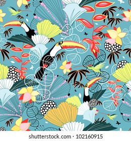 Tropical texture with toucans and hummingbirds