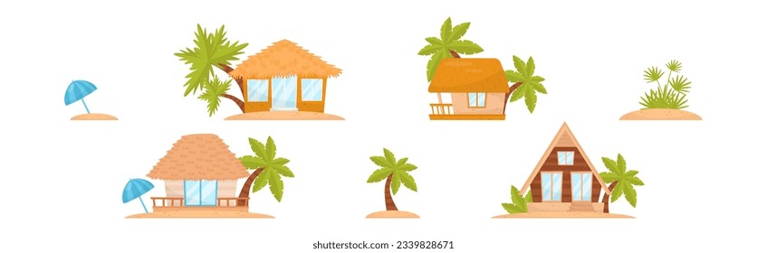 Tropical Thatched Hut or Bungalow with Palm Tree as Summer House Vector Illustration Set